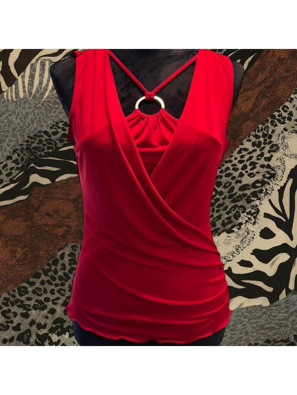 Red sleeveless top with gold ring detail